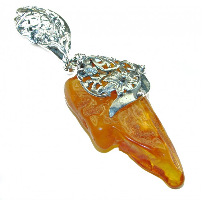 Royal Style 3 1/8 inch long authentic Baltic Amber .925 Sterling Silver handmade Pendant