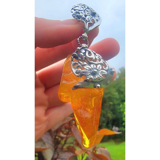 Royal Style 3 1/8 inch long authentic Baltic Amber .925 Sterling Silver handmade Pendant