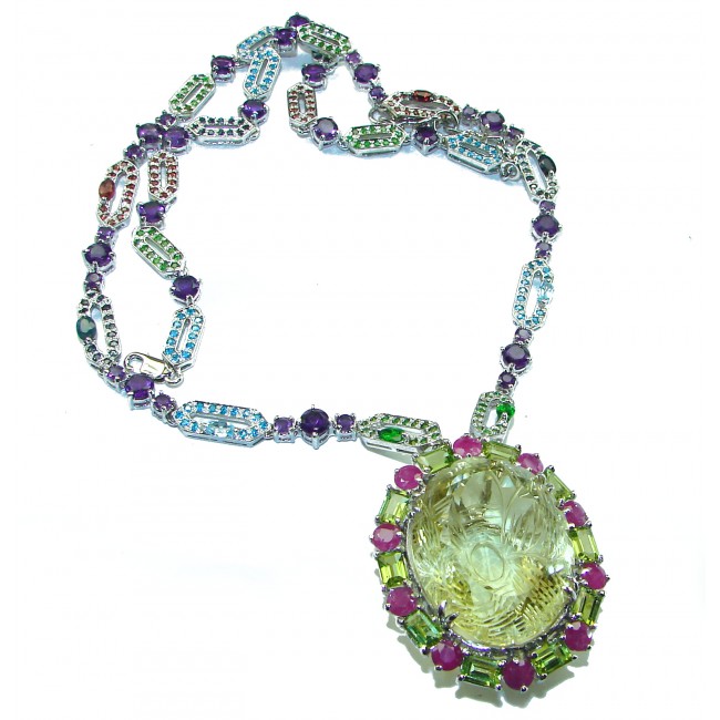 Golden Beauty 70.2 grams authentic carved Lemon Quartz Tourmaline .925 Sterling Silver handcrafted necklace