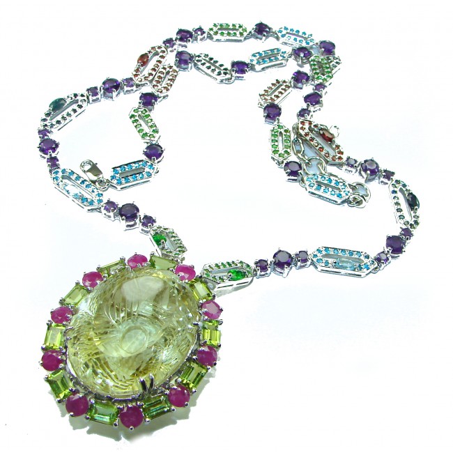 Golden Beauty 70.2 grams authentic carved Lemon Quartz Tourmaline .925 Sterling Silver handcrafted necklace