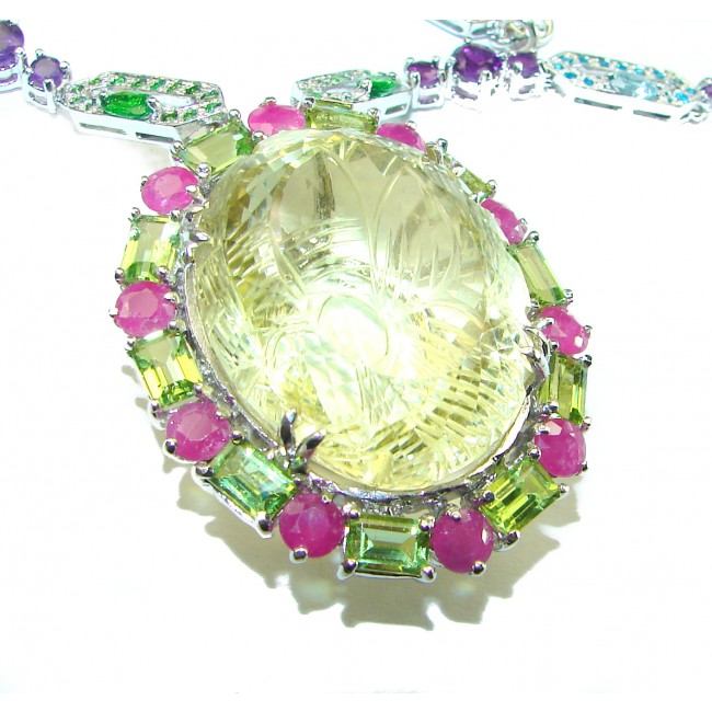 Golden Beauty 70.2 grams authentic carved Lemon Quartz Tourmaline .925 Sterling Silver handcrafted necklace