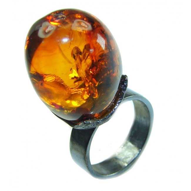 Large Authentic Baltic Amber black rhodium over .925 Sterling Silver handcrafted ring s. 6 3/4