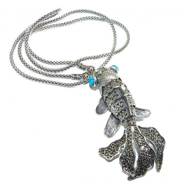 3 3/8 inch long! Lucky Fish Turquoise Marcasite .925 Sterling Silver handcrafted SPECTACULAR necklace