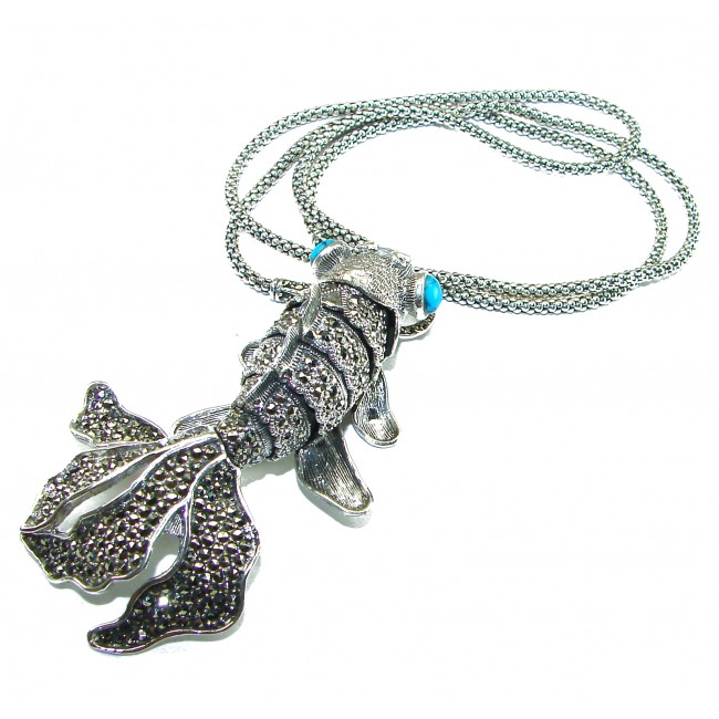 3 3/8 inch long! Lucky Fish Turquoise Marcasite .925 Sterling Silver handcrafted SPECTACULAR necklace