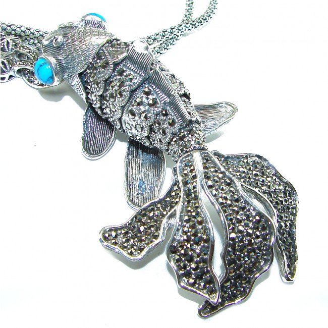 3 3/8 inch long! Lucky Fish Turquoise Marcasite .925 Sterling Silver handcrafted SPECTACULAR necklace