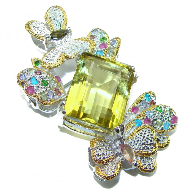 Summer Beauty genuine Lemon Quartz 2 tones .925 Sterling Silver handmade Pendant - Brooch