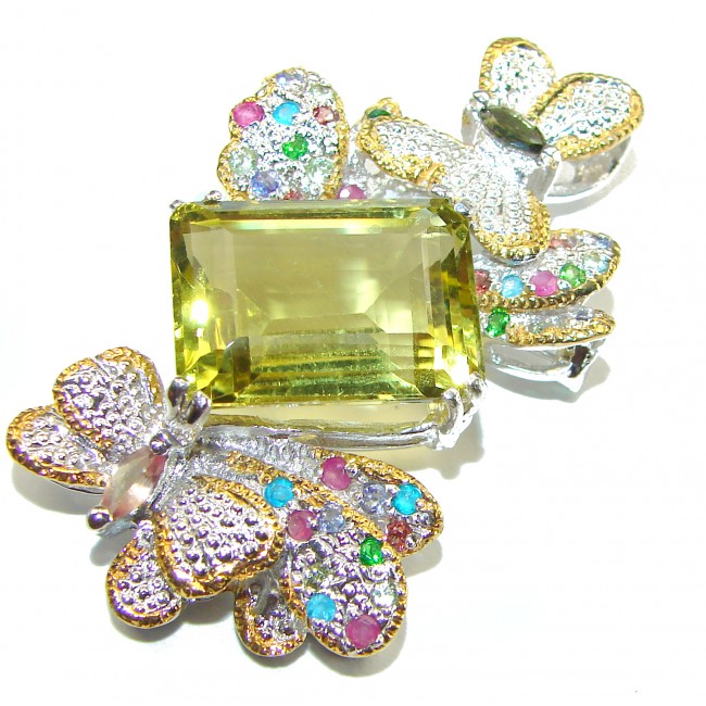 Summer Beauty genuine Lemon Quartz 2 tones .925 Sterling Silver handmade Pendant - Brooch