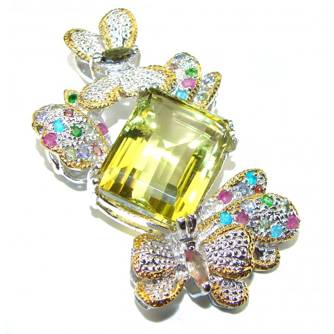 Summer Beauty genuine Lemon Quartz 2 tones .925 Sterling Silver handmade Pendant - Brooch