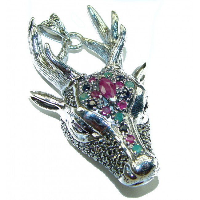 Large Deer Head Genuine Emerald marcasite .925 Sterling Silver handmade Pendant