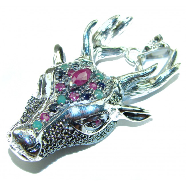 Large Deer Head Genuine Emerald marcasite .925 Sterling Silver handmade Pendant