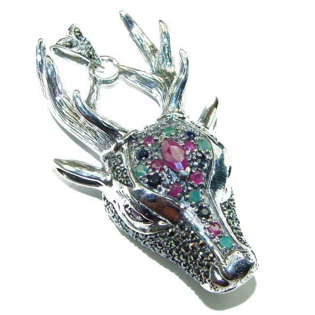 Large Deer Head Genuine Emerald marcasite .925 Sterling Silver handmade Pendant