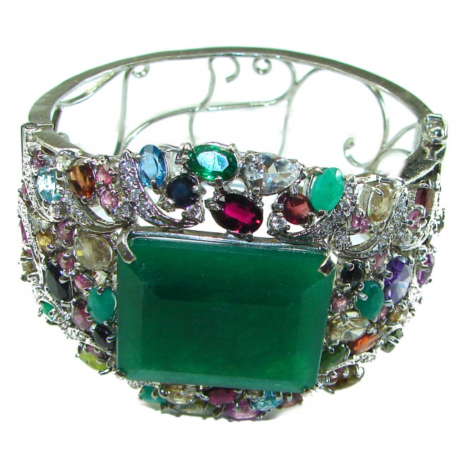 Truly Spectacular Natural Jade Multi Gemstones .925 Sterling Silver handmade bangle Bracelet