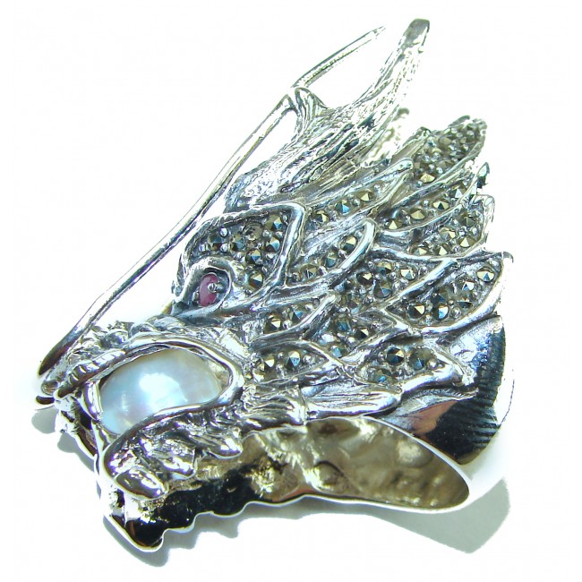 Large 36.8 grams Marcasite Pearl Dragon's Head oxidized . 925 Sterling Silver Ring s. 8 3/4