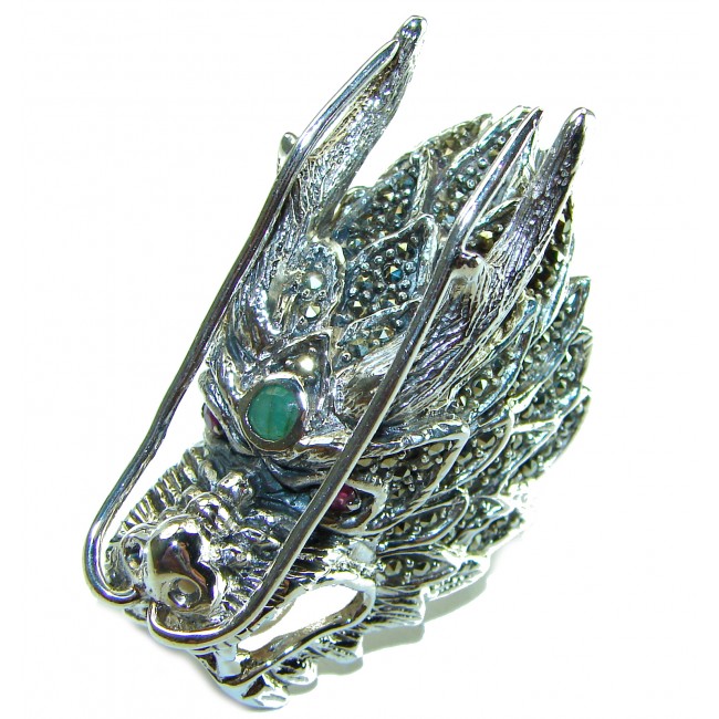 Large 36.8 grams Marcasite Pearl Dragon's Head oxidized . 925 Sterling Silver Ring s. 8 3/4