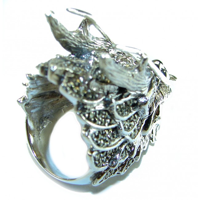 Large 36.8 grams Marcasite Pearl Dragon's Head oxidized . 925 Sterling Silver Ring s. 8 3/4