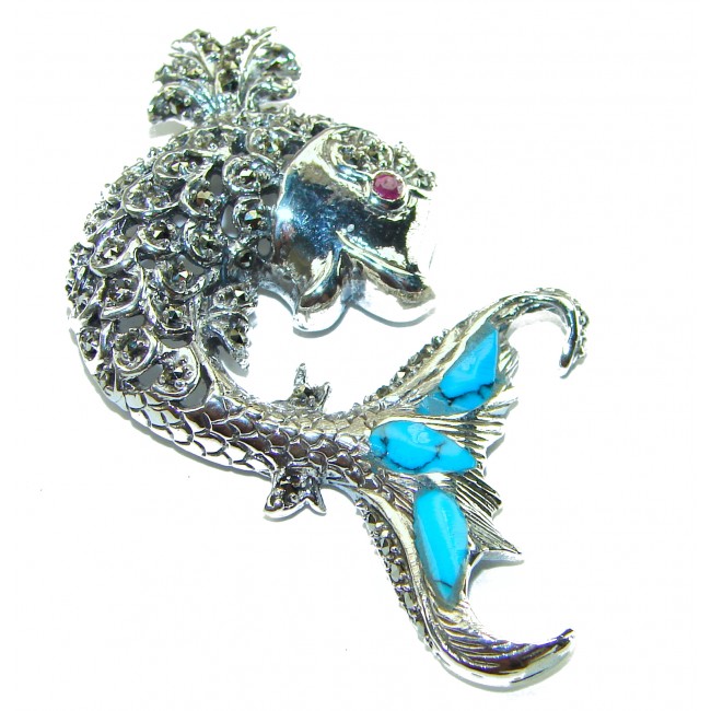 Large Blue Fish Genuine Turquoise .925 Sterling Silver handcrafted Pendant