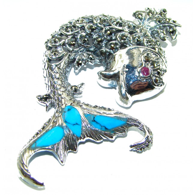 Large Blue Fish Genuine Turquoise .925 Sterling Silver handcrafted Pendant