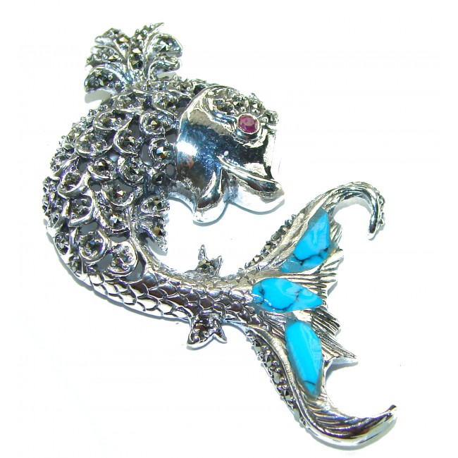 Large Blue Fish Genuine Turquoise .925 Sterling Silver handcrafted Pendant