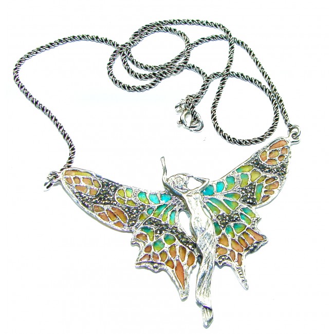 Awesome Flying Fairy Natural Enamel .925 Silver handcrafted Necklace