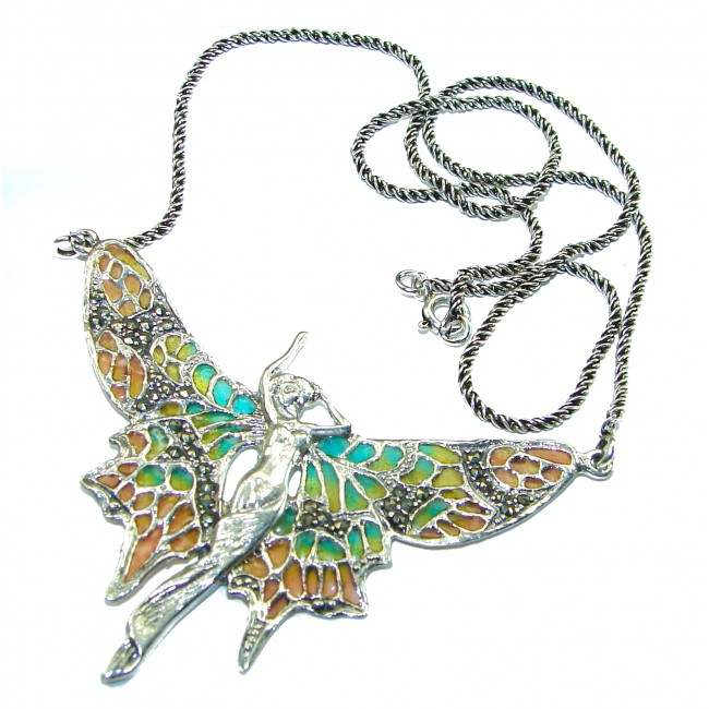 Awesome Flying Fairy Natural Enamel .925 Silver handcrafted Necklace