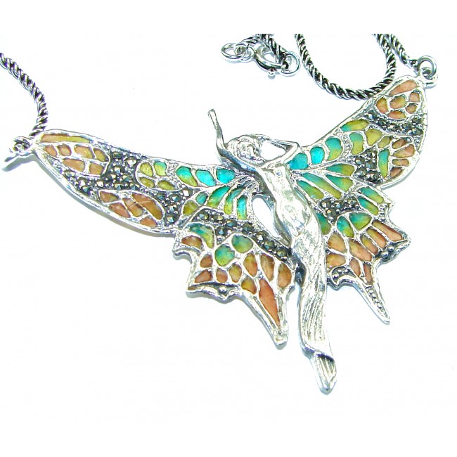 Awesome Flying Fairy Natural Enamel .925 Silver handcrafted Necklace