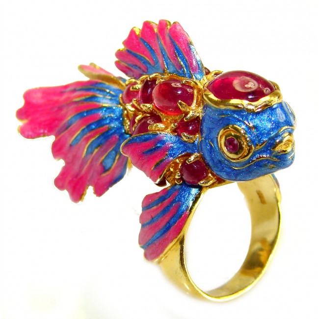 Lucky Fish Enamel Ruby 18K Gold over .925 Sterling Silver Huge handcrafted Ring s. 6