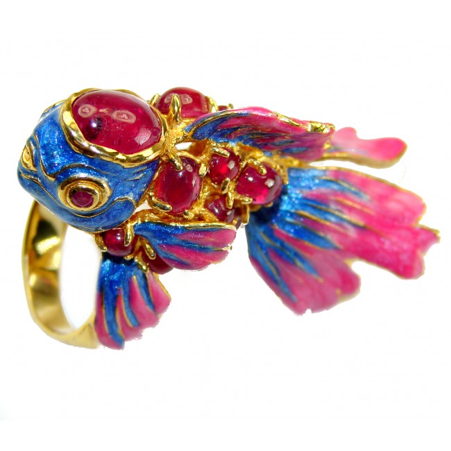 Lucky Fish Enamel Ruby 18K Gold over .925 Sterling Silver Huge handcrafted Ring s. 6