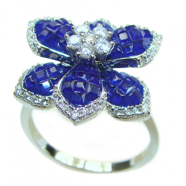 Luxurious Flower Sapphire .925 Sterling Silver handcrafted Ring size 7 1/4