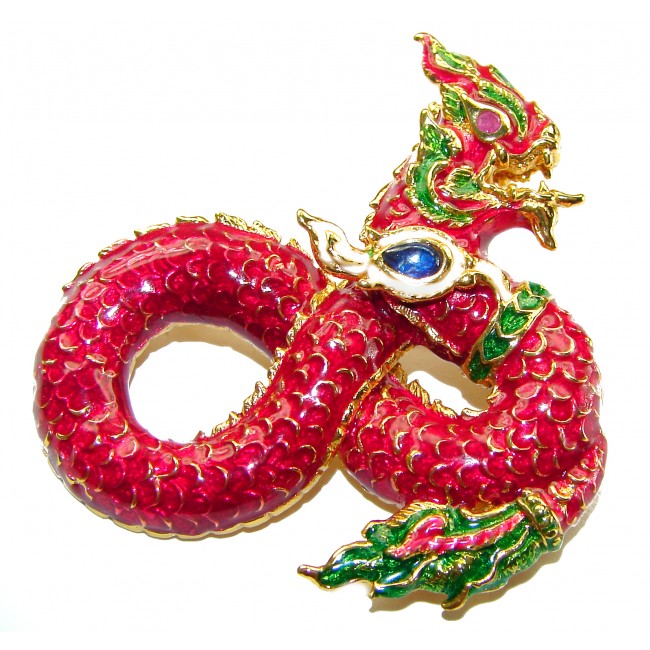 INCREDIBLE Red Dragon Natural Ruby Enamel Snake 18K Gold over .925 Sterling Silver Brooch