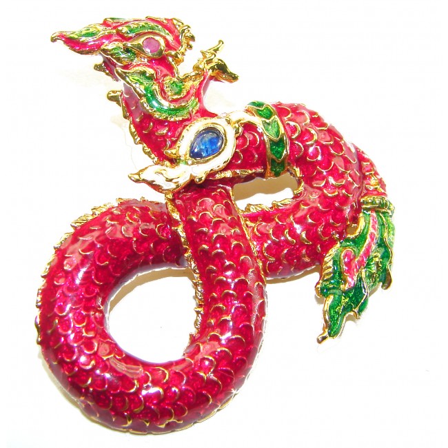 INCREDIBLE Red Dragon Natural Ruby Enamel Snake 18K Gold over .925 Sterling Silver Brooch