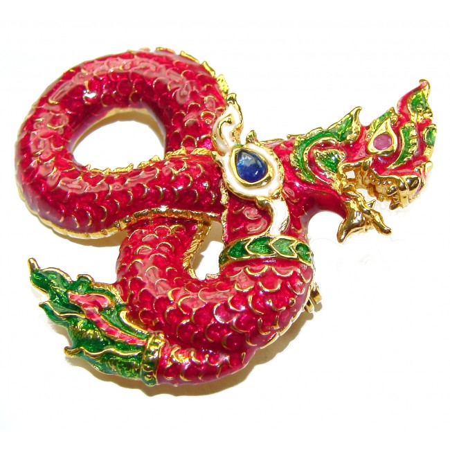 INCREDIBLE Red Dragon Natural Ruby Enamel Snake 18K Gold over .925 Sterling Silver Brooch