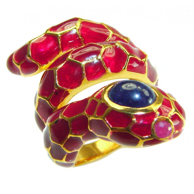 Red Snake Sapphire Enamel 18K Gold over .925 Sterling Silver Huge handcrafted Ring s. 8