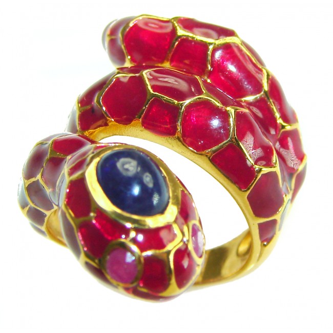 Red Snake Sapphire Enamel 18K Gold over .925 Sterling Silver Huge handcrafted Ring s. 8