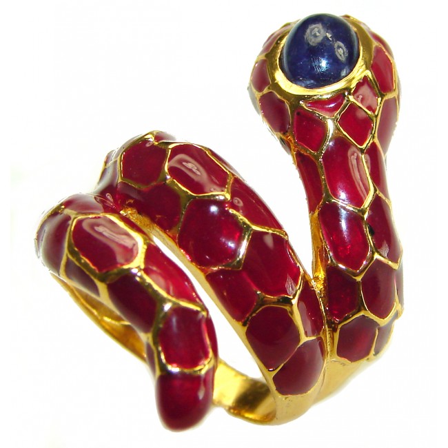 Red Snake Sapphire Enamel 18K Gold over .925 Sterling Silver Huge handcrafted Ring s. 8