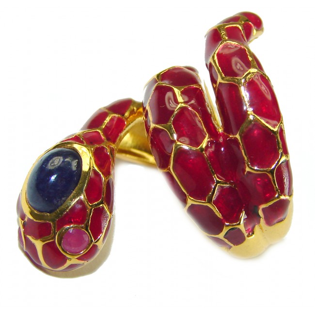 Red Snake Sapphire Enamel 18K Gold over .925 Sterling Silver Huge handcrafted Ring s. 8