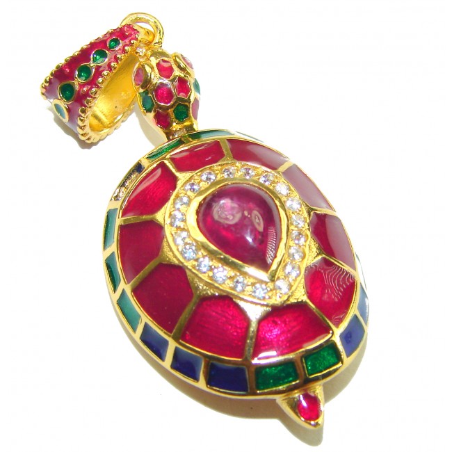 Good health and Long life Turtle Genuine Ruby 18K Gold over .925 Sterling Silver Pendant