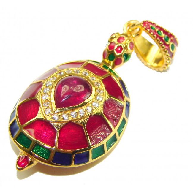 Good health and Long life Turtle Genuine Ruby 18K Gold over .925 Sterling Silver Pendant