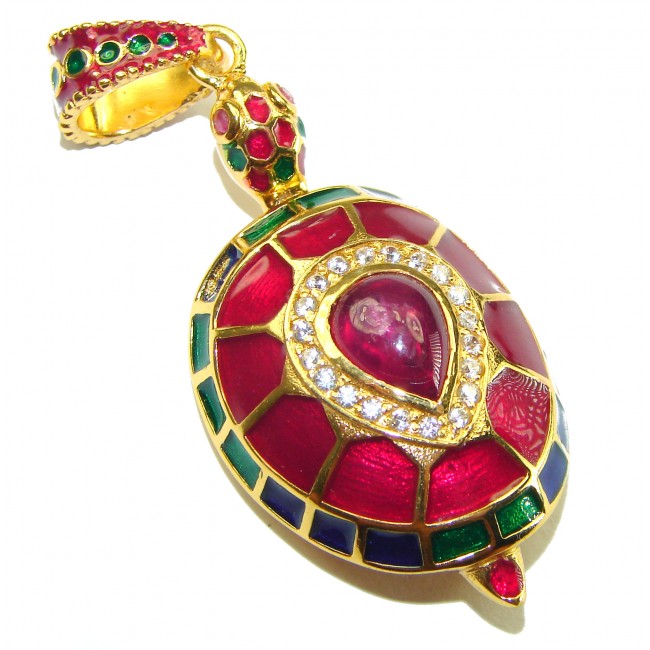 Good health and Long life Turtle Genuine Ruby 18K Gold over .925 Sterling Silver Pendant