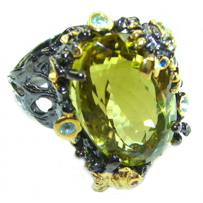 Huge 24.8 carat Genuine Lemon Quartz black rhodium over .925 Sterling Silver handcrafted ring size 8