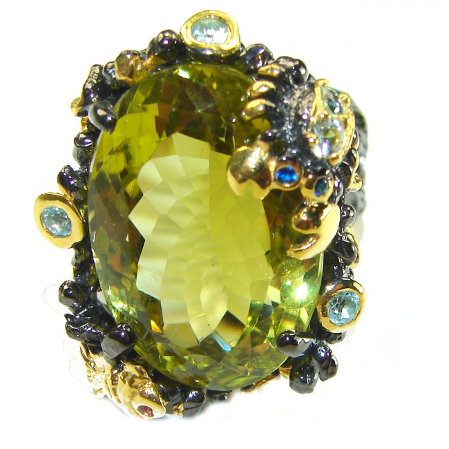 Huge 24.8 carat Genuine Lemon Quartz black rhodium over .925 Sterling Silver handcrafted ring size 8