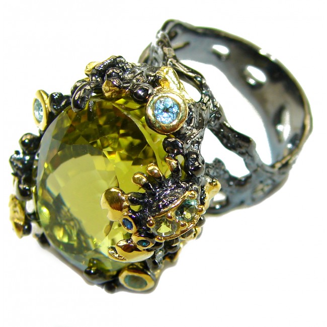 Huge 24.8 carat Genuine Lemon Quartz black rhodium over .925 Sterling Silver handcrafted ring size 8