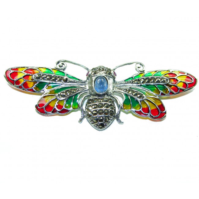 Big Dragonfly Tanzanite Enamel .925 Sterling Silver handcrafted Pendant Brooch