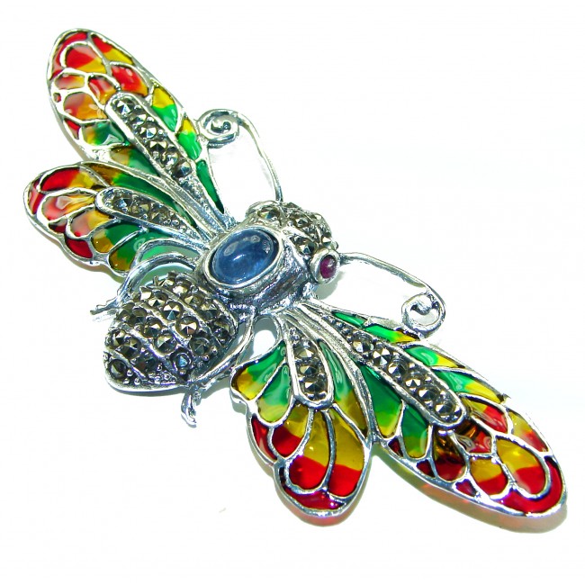 Big Dragonfly Tanzanite Enamel .925 Sterling Silver handcrafted Pendant Brooch