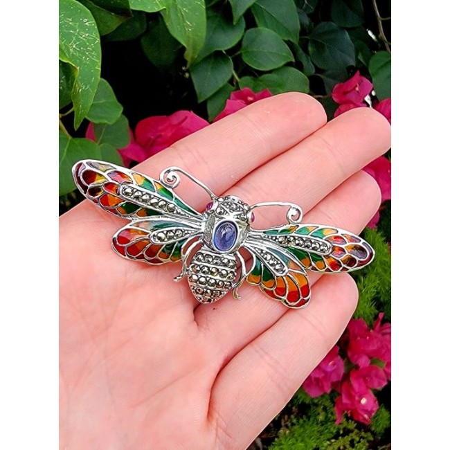 Big Dragonfly Tanzanite Enamel .925 Sterling Silver handcrafted Pendant Brooch