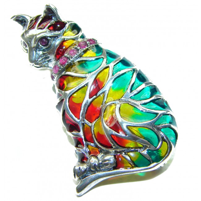 Natural Enamel purple Cat .925 Sterling Silver Brooch Pendant