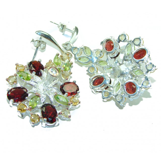 Floral design authentic Garnet 2 tones .925 Sterling Silver handcrafted earrings