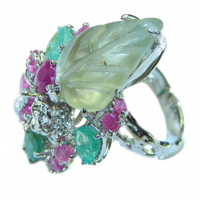 Large Natural carved Green Amethyst .925 Sterling Silver handcrafted ring size 7 3/4