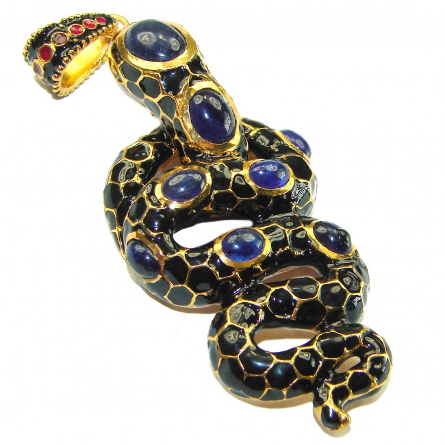 INCREDIBLE Natural Sapphire Enamel Snake 18K Gold over .925 Sterling Silver Pendant