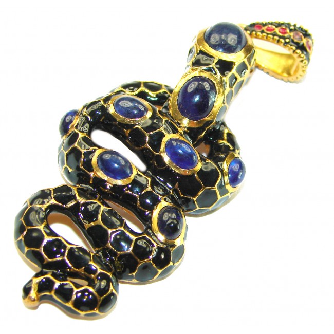 INCREDIBLE Natural Sapphire Enamel Snake 18K Gold over .925 Sterling Silver Pendant