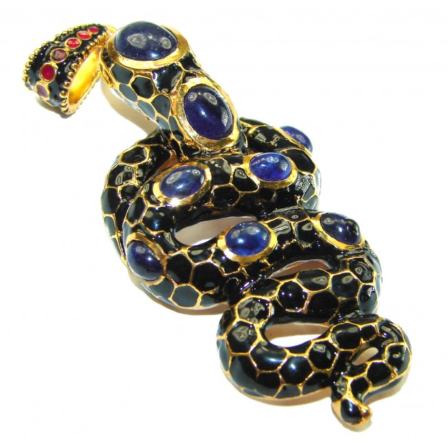 INCREDIBLE Natural Sapphire Enamel Snake 18K Gold over .925 Sterling Silver Pendant